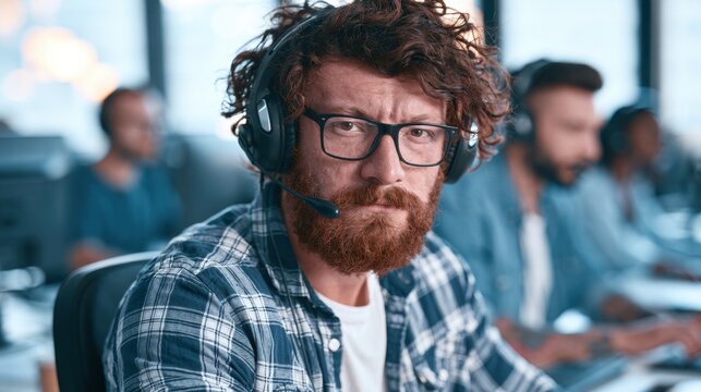 Focused young man with curly hair and beard wearing headset and glasses working at computer in modern office environment with blurred colleagues in background