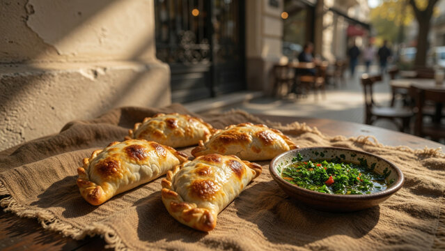 Baked empanada pastry street food rustic table parsley sauce outdoor cafe comfort food golden crust traditional snack savory filling linger delight afternoon Local authentic street food concept