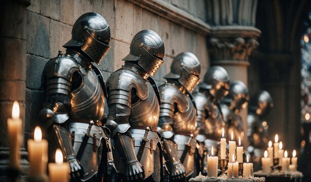 Medieval Knights in Armor Standing in Ancient Stone Hallway