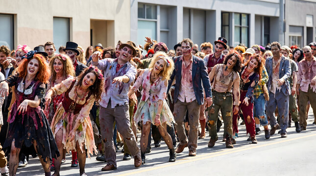 Zombie crowd dancing and parading on the street during a festive carnival event