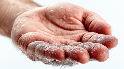Naklejka premium Close-up of a hand, palm up, with visible texture and subtle highlights, set against a white background