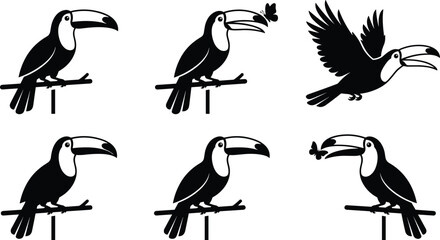 Tropical toucan bird silhouette vector icon set featuring exotic jungle wildlife perched on branches with butterfly © Shukimon