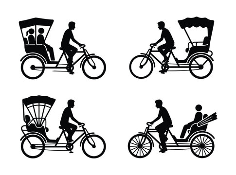 Black silhouette icons of bicycle rickshaw taxi transport with driver and passenger