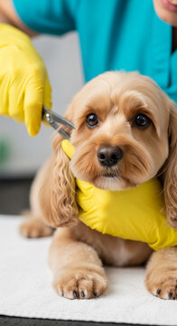 Close-up of a light brown dog's face with bright eyes as groomer trims its ear, symbolizing care, attention, and pet grooming services.