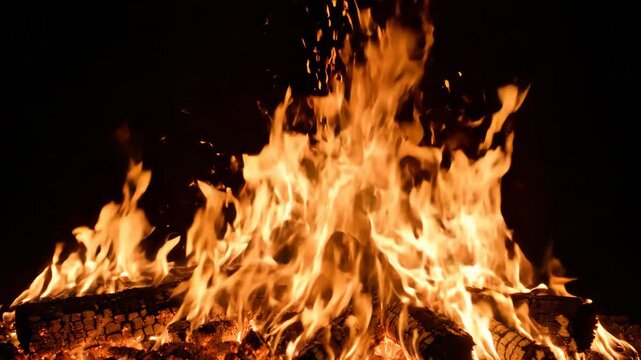 Intense Flames Burning Brightly in Dark Night.