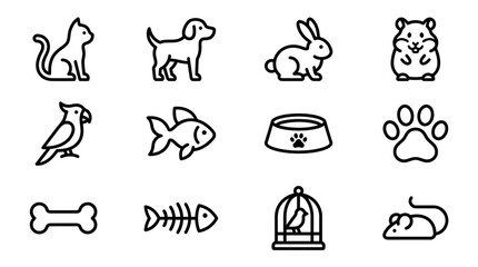 Set of pet icons: cat, dog, rabbit, hamster, parrot, fish, bone, paw print © Brian