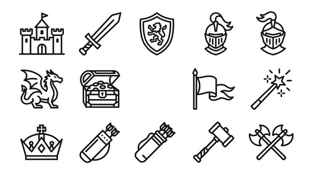 Medieval Fantasy Icons: Castle, Dragon, Sword, Shield, Crown, Magic Wand, Treasure Chest