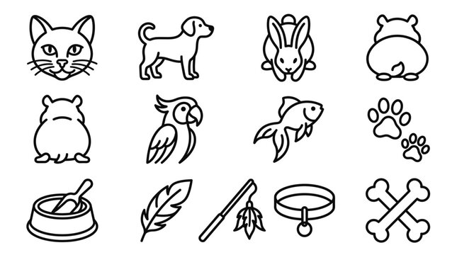 Cute Pet Icons Collection: Cat, Dog, Rabbit, Hamster, Parrot, Fish, Paw Prints
