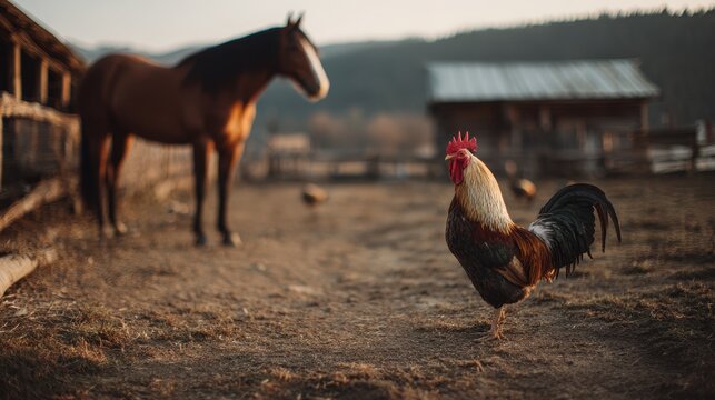 Quiet rural portrait of a rooster and a horse in a pastoral setting