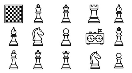 Chess Pieces and Board Icons Set: King, Queen, Rook, Bishop, Knight, Pawn, Chess Clock © Brian