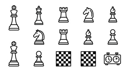 Chess Pieces Icons Set, Strategy Game Elements, King, Queen, Rook, Knight, Bishop, Pawn, Board, Timer © Brian