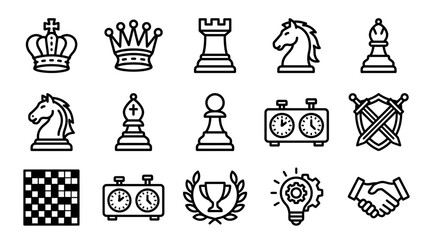 Chess Icons Set: King, Queen, Rook, Knight, Bishop, Pawn, Board, Timer, Trophy, Strategy © Brian