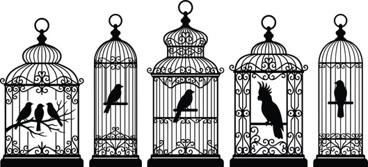 Vintage decorative bird cage black silhouette vector icon set featuring captured songbirds and exotic parrot elements © Shukimon