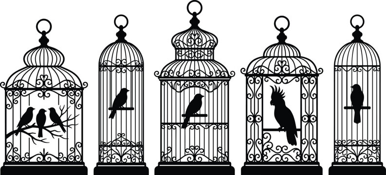 Vintage decorative bird cage black silhouette vector icon set featuring captured songbirds and exotic parrot elements