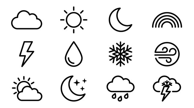 Weather Icons Set: Sun, Moon, Cloud, Rain, Snow, Lightning, Wind, Rainbow