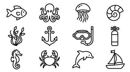 Ocean Life Icons: Fish, Octopus, Jellyfish, Seashell, Seahorse, Crab, Dolphin © Brian