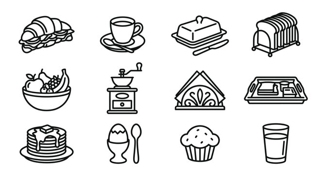 Breakfast Food Icons: Croissant, Coffee, Butter, Bread, Fruit, Muffin & More