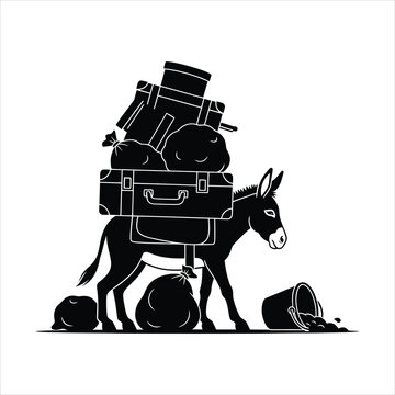 Pack donkey heavily loaded with suitcases and bags, travel concept, black and white vector