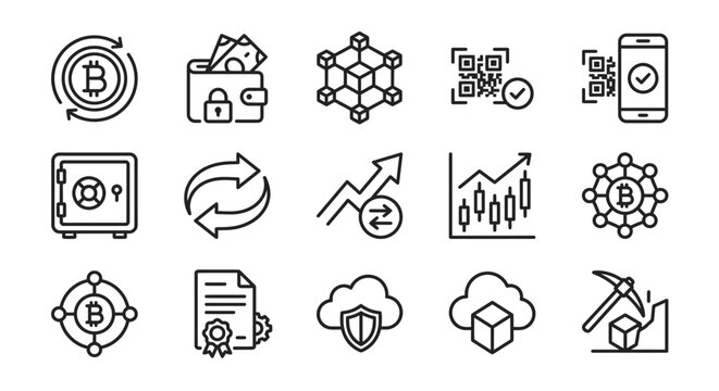 Crypto Icons: Bitcoin, Blockchain, Wallet, Safe, QR Code, Cloud, Mining, Chart