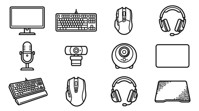 Computer Accessories Icon Set: Monitor, Keyboard, Mouse, Headphones, Mic, Webcam, Speaker, Laptop