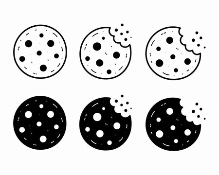 Set of chocolate chip cookie icons in line and solid black styles isolated on white background