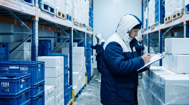 Worker checking inventory list while inspecting goods in a cold storage warehouse