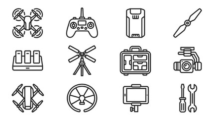 Drone Technology Icons: Quadcopter, Remote Control, Battery, Propeller, Charger, Gimbal © Brian