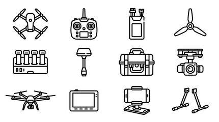 Drone Technology Icons: Quadcopter, Remote Control, Propeller, Camera Gimbal, Charger © Brian