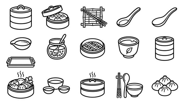 Asian Food Icons: Dumplings, Steamer Baskets, Tea, Spoons, Chopsticks