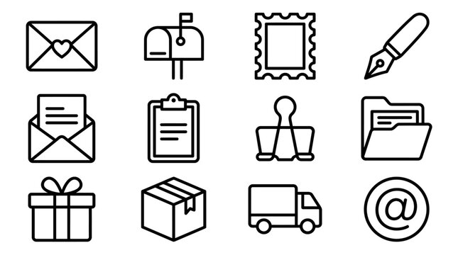 Email and postal icons: letter, mailbox, stamp, pen, package, delivery truck, @ symbol