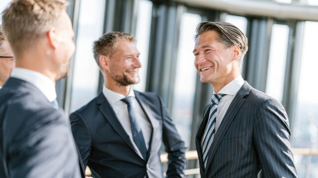 Group of confident businessmen in formal wear smiling and networking in modern office building with large windows and natural light during business meeting