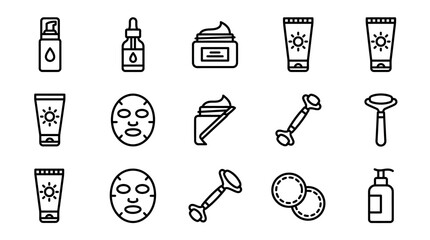 Skincare Routine Icons: Serum, Cream, Mask, Roller, Sunscreen, Cotton Pads & Dispenser © Brian
