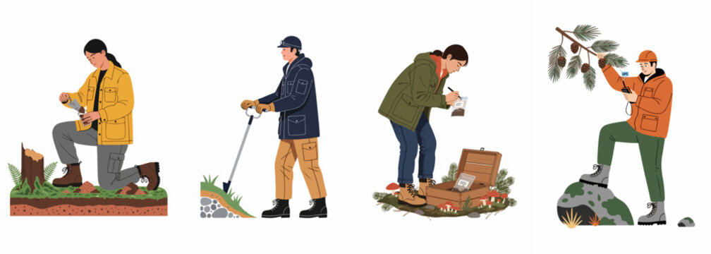 Set of diverse professional field researchers and scientists performing various environmental tasks such as soil sampling, GPS tracking, and botanical specimen collection.