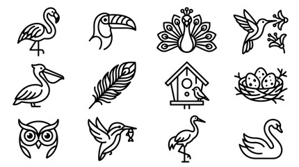 Obraz premium Charming Line Art Icons of Diverse Birds: Flamingo, Toucan, Peacock, Hummingbird, Pelican, Owl, Swan