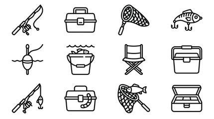 Fishing Gear Icons: Rod, Net, Tackle Box, Floats, Bucket, Chair, Fish Vector Set © Brian