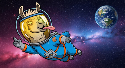 Fototapeta premium Cartoon llama in a spacesuit floats in colorful nebula, with Earth visible, representing adventure, exploration, and humor in space