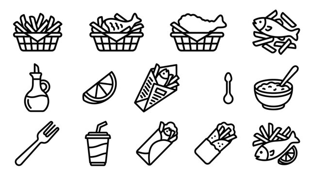 Fast Food Icons: Fish and Chips, Fried Chicken, Shawarma, Fries, Drink, Condiments