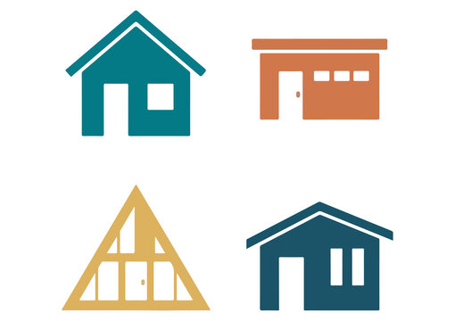 This collection features four colorful, flat design icons representing different types of residential houses and buildings, showcasing varied architectural styles. These versatile icons are perfect fo