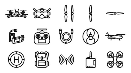 Drone Technology Icons: Quadcopter, Goggles, Controller, Propellers, Battery, Backpack, Helipad © Brian