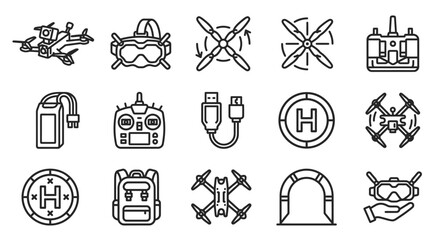 Drone Technology Icons: FPV Drone, VR Goggles, Remote Controller, Propellers, Charger, Backpack © Brian