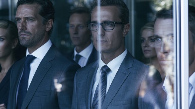 Group of diverse business people in formal suit standing together looking through glass window in modern office environment with serious and focused expressions