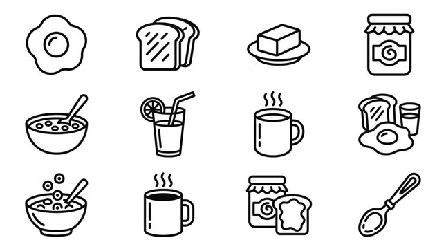 Breakfast Icons: Fried Egg, Toast, Jam, Cereal, Juice, Coffee, Spoon - Line Art Collection