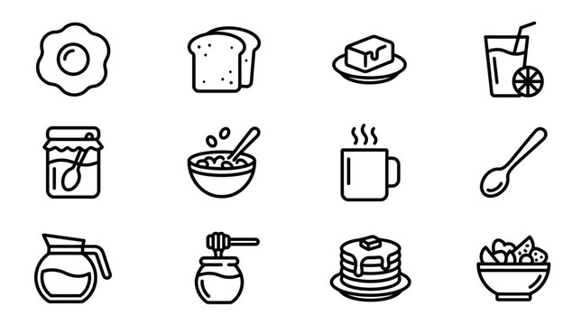 Breakfast Icons: Fried Egg, Toast, Butter, Juice, Jam, Cereal, Coffee, Spoon, Jug, Honey, Pancakes, Fruit Salad