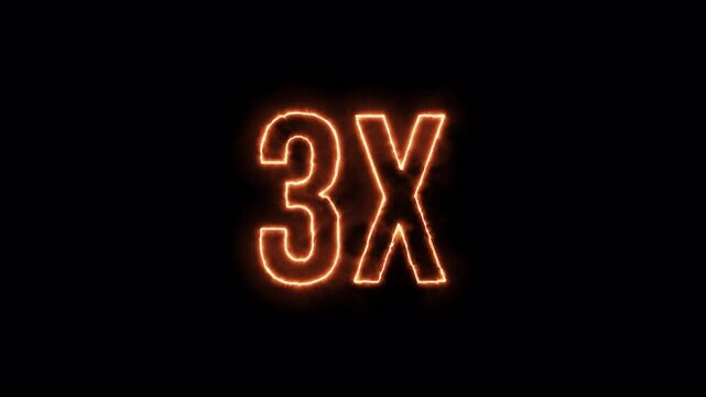 3X Neon Fire Text Animation on Black Background .3X Fire Number Animation for Multiplier, Boost Concept . Neon Red 3X Sign Burning Animation in 4K,
