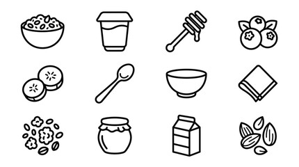 Healthy Breakfast Icons: Cereal, Yogurt, Honey, Berries, Nuts, Milk, Banana © Brian