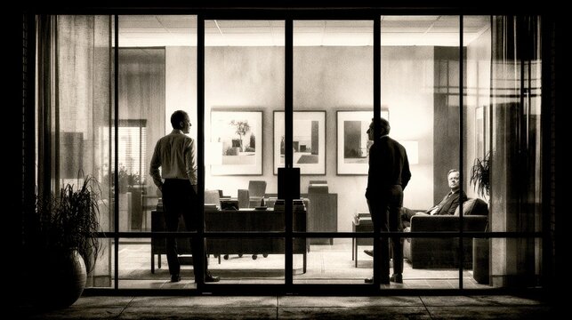 Black and white photo of three people having business meeting in modern office with glass wall at night showing professional atmosphere and thoughtful interaction