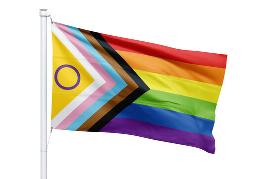 A progress pride flag with intersex inclusion on a white flagpole against a black background