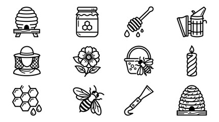 Beekeeping Icons Set: Beehive, Honey Jar, Beekeeper, Honeycomb, Bee, Flower © Brian