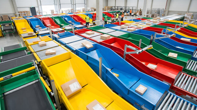 Colorful sorting chutes in a logistics center with active parcel handling operations