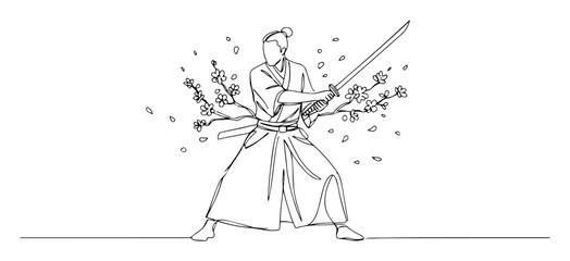 samurai holding katana with sakura flowers © Wieslaw
